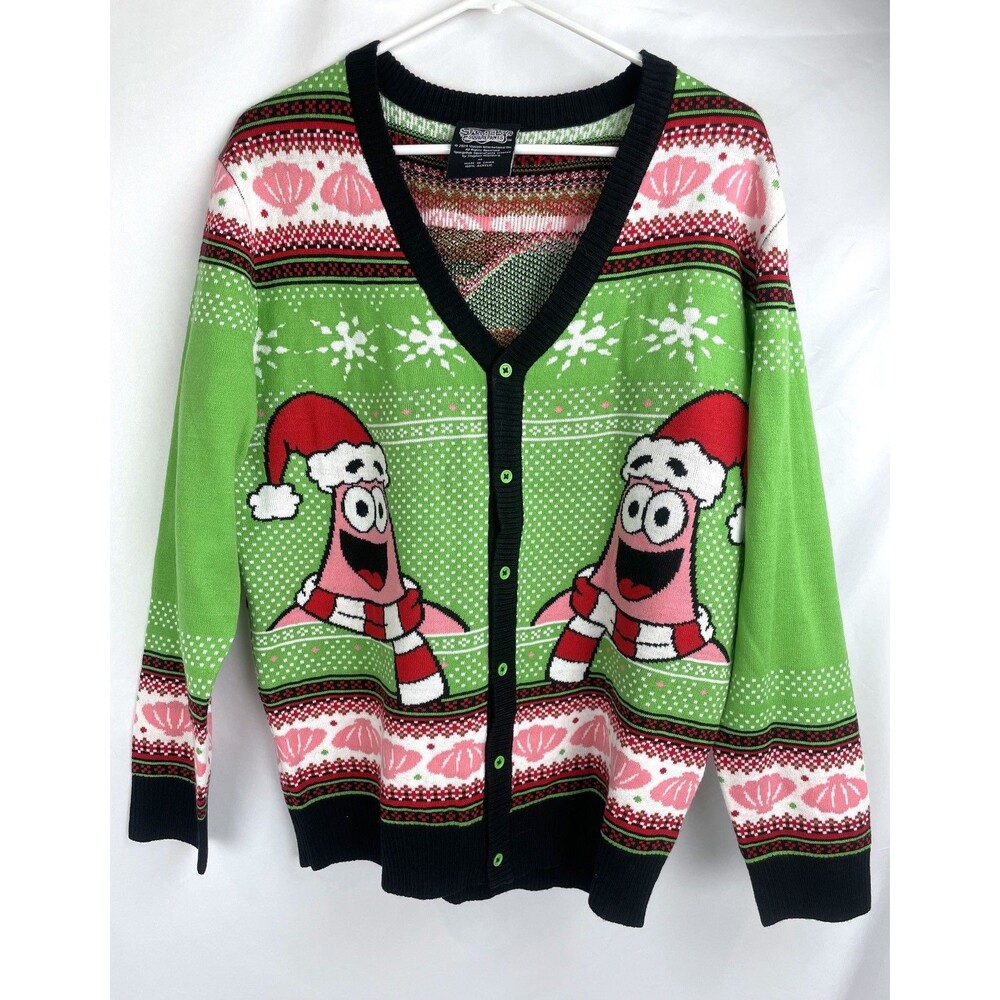 Spongebob Squarepants Cardigan Men Medium Green Sweater Christmas‎ Patrick Ugly